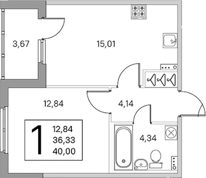 1-комнатная квартира 38.17 м², 1/4 эт., ЖК «Любоград в Стрельне»